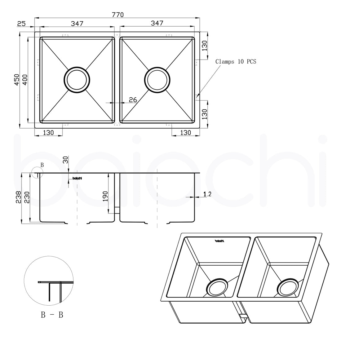 Baiachi 770x450 Handmade Kitchen and Laundry Stainless Steel Sink Double Bowl Top Undermount Brushed Copper