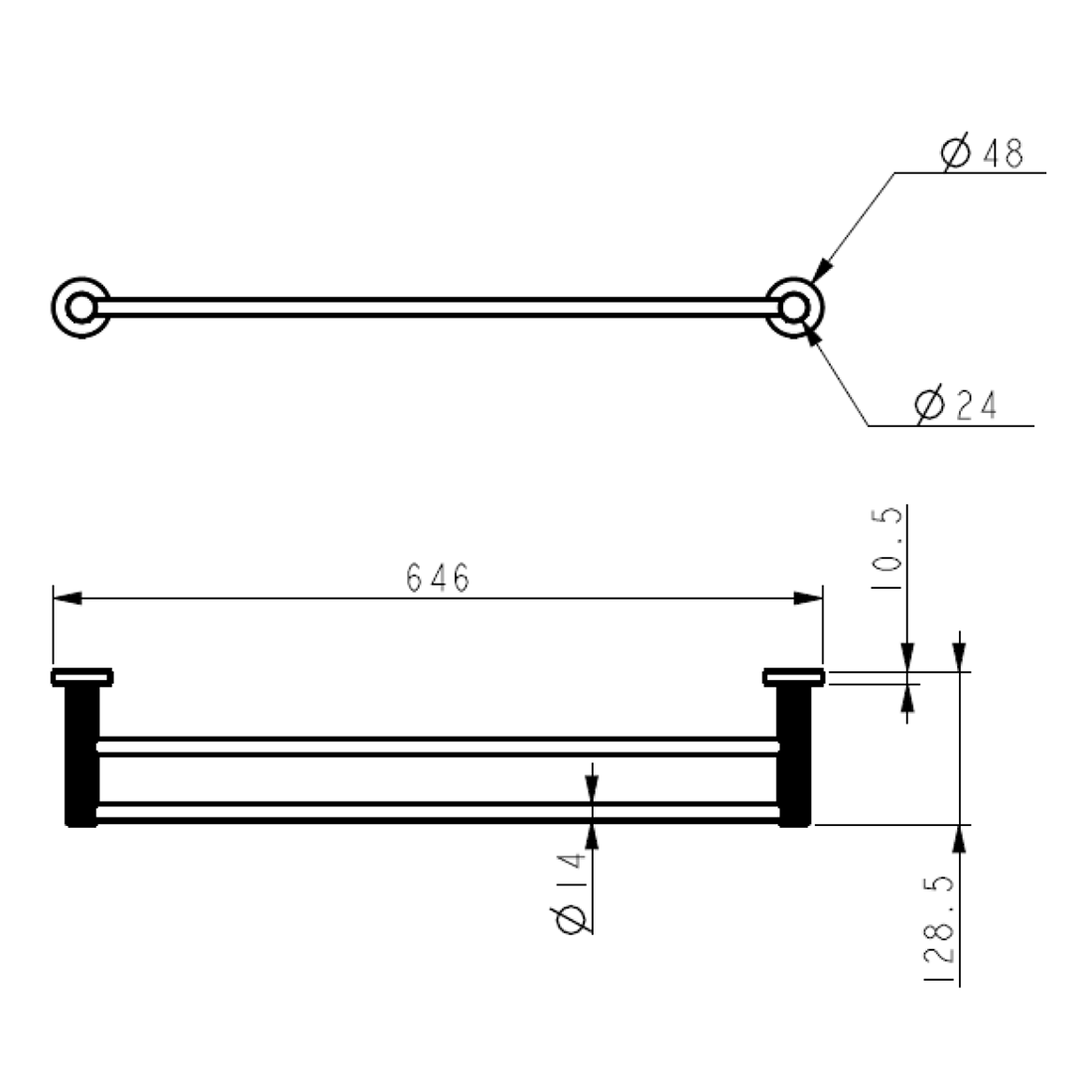 Linie Double Towel Rail 600mm Matte Black