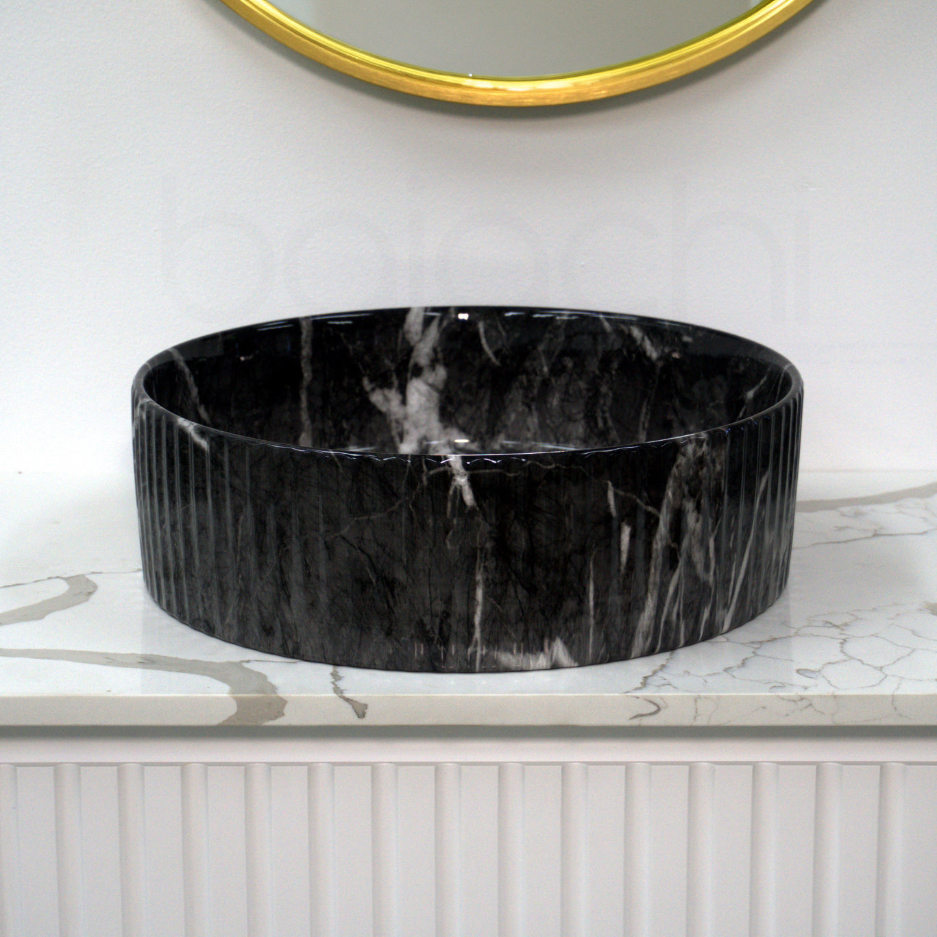 Baiachi 400mm Ceramic Above Counter Fluted Basin Calacatta Black Night