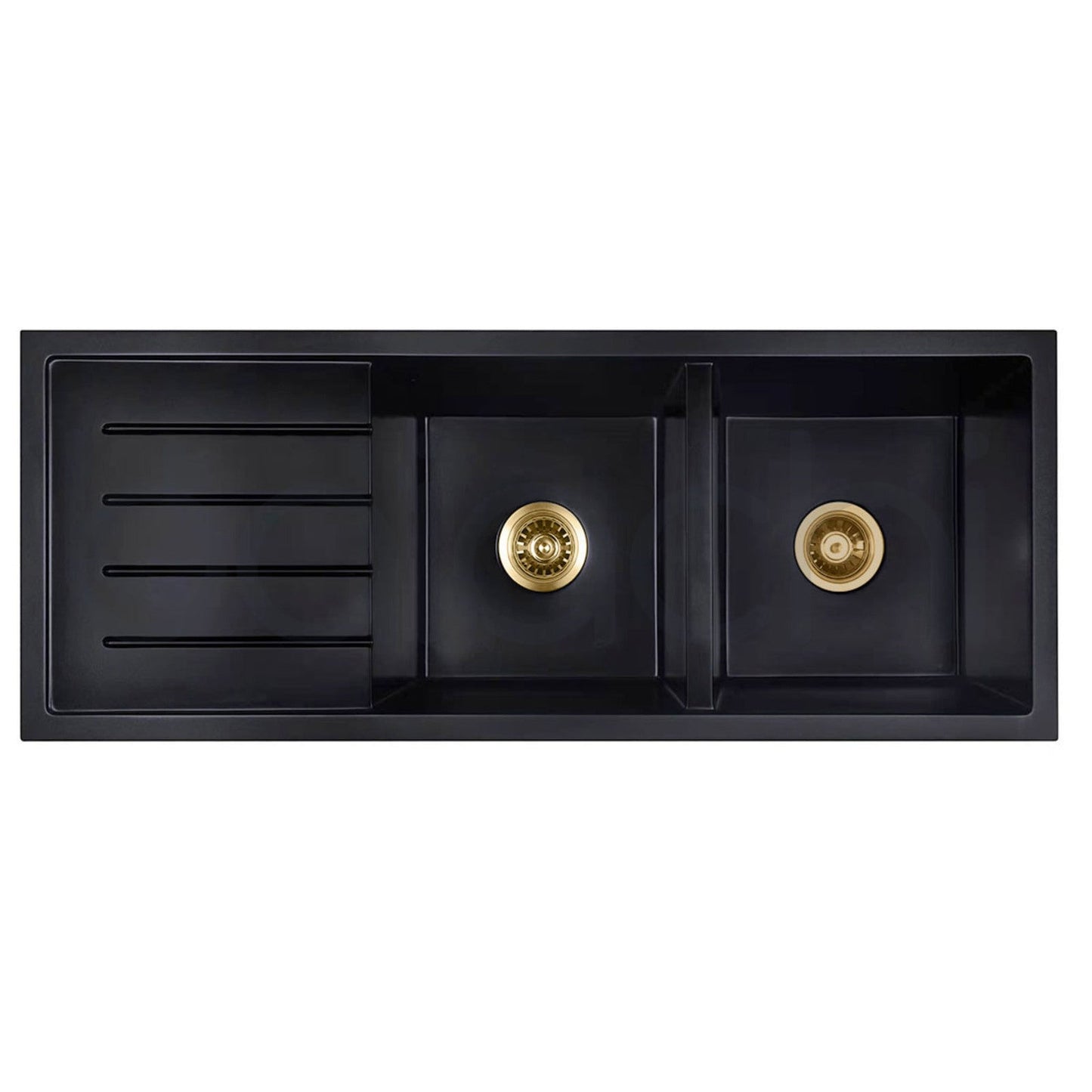 Baiachi 1160 x 450 Double Bowl and Drainer Granite Kitchen Sink Black with Brushed Gold Waste