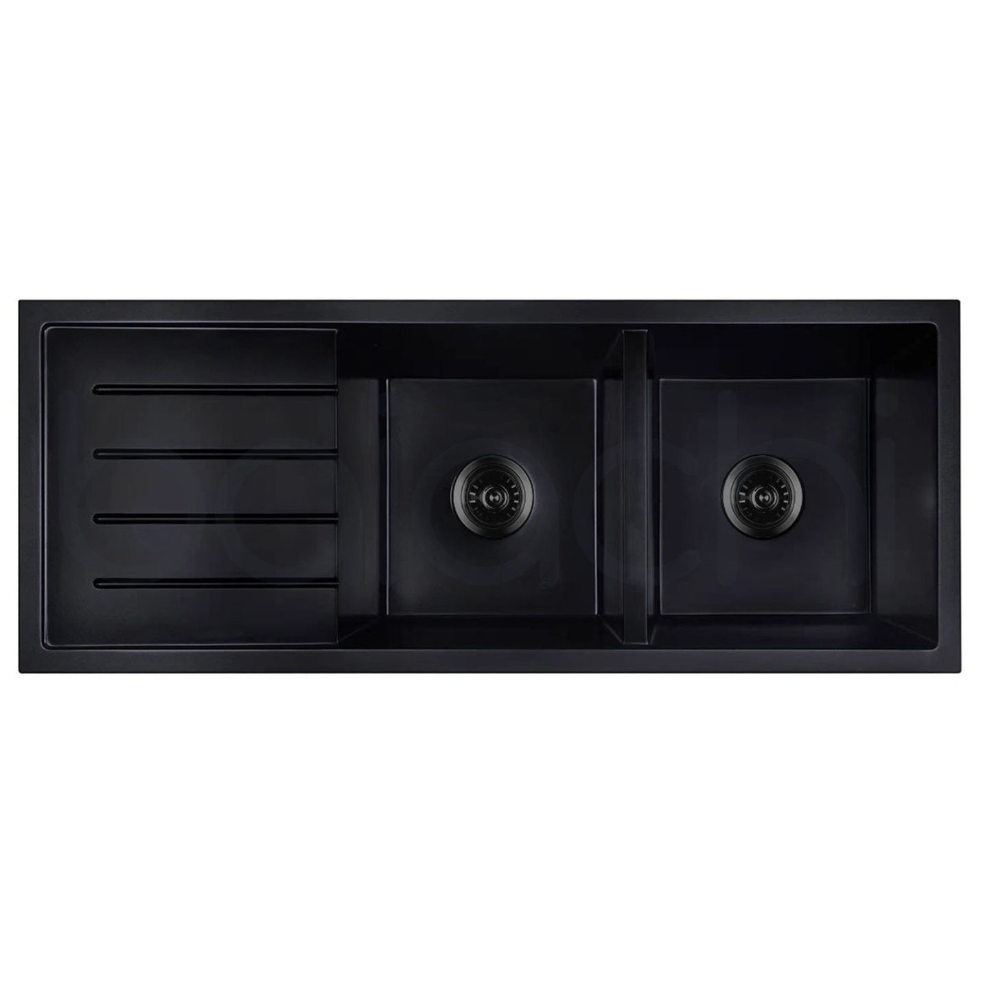 Baiachi Double Bowl and Drainer Granite Kitchen Sink Black with Black Waste