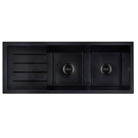 Baiachi Double Bowl and Drainer Granite Kitchen Sink Black with Black Waste