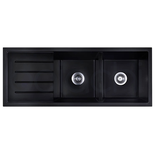 Baiachi Double Bowl and Drainer Granite Kitchen Sink Black with Stainless Steel Waste