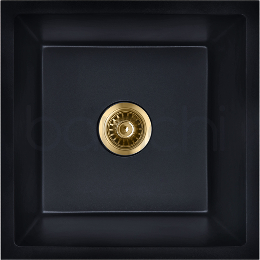 Baiachi Single Bowl Granite Kitchen Sink Black with Brushed Gold Waste