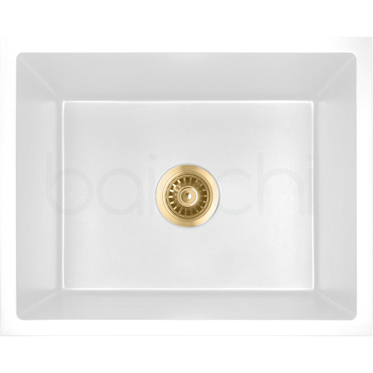 Baiachi Single Bowl Granite Kitchen Sink White with Brushed Gold Waste