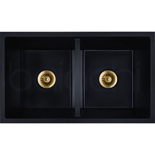 Baiachi Double Bowl Granite Kitchen Sink Black with Brushed Gold Waste