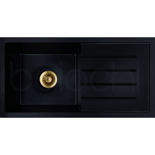 Baiachi Single Bowl and Drainer Granite Kitchen Sink Black with Brushed Gold Waste
