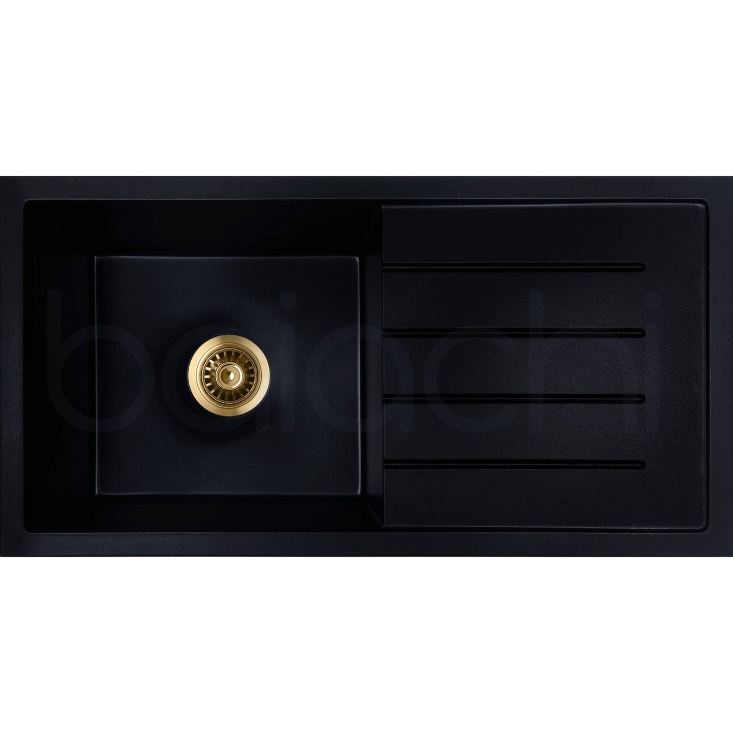 Baiachi 860 x 450 Single Bowl and Drainer Granite Kitchen Sink Black with Brushed Gold Waste