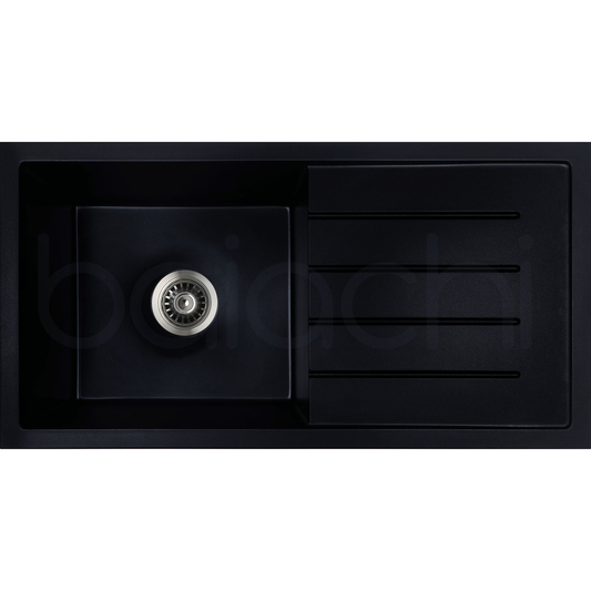 Baiachi Single Bowl and Drainer Granite Kitchen Sink Black with Stainless Steel Waste