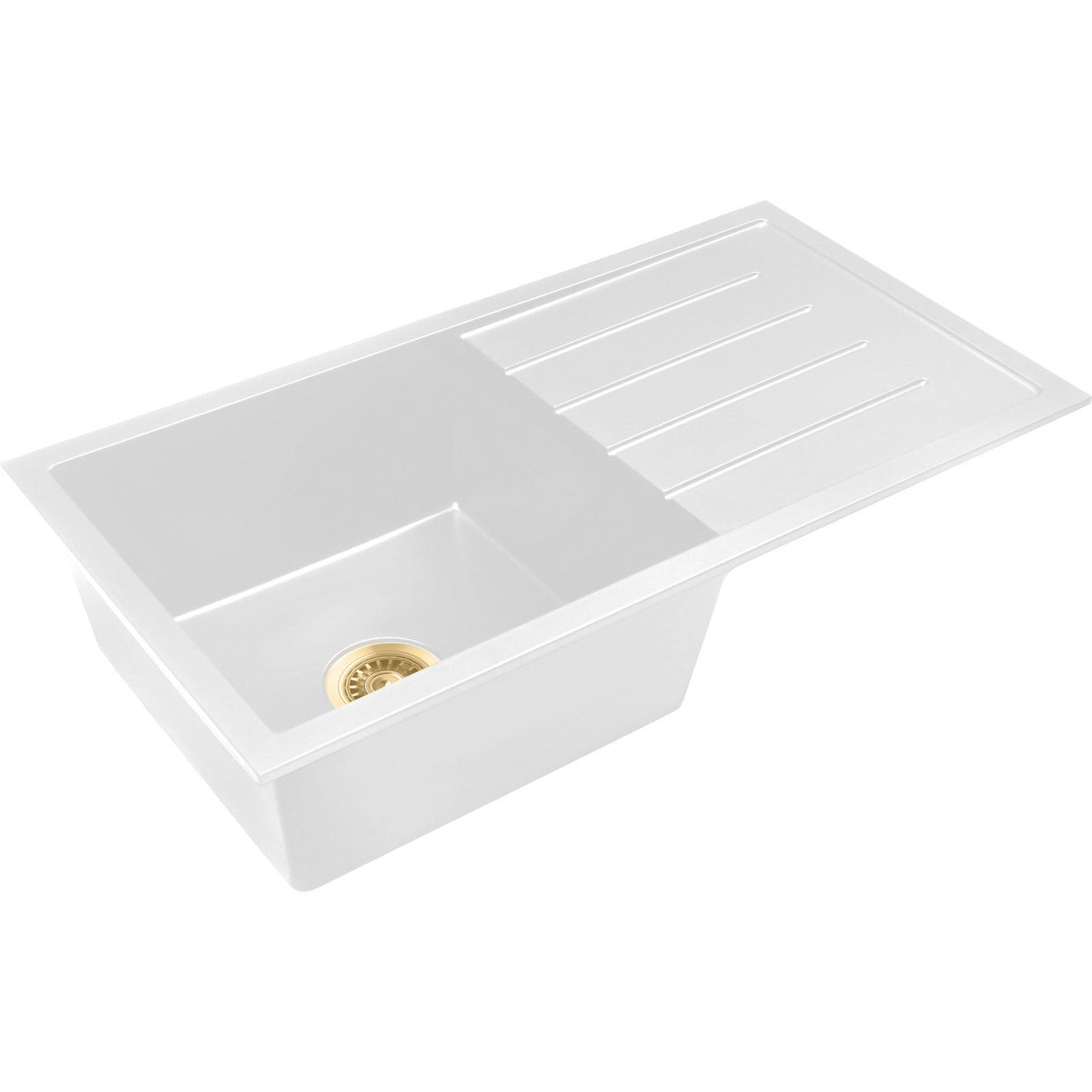 Baiachi 860 x 450 Single Bowl and Drainer Granite Kitchen Sink White with Brushed Gold Waste