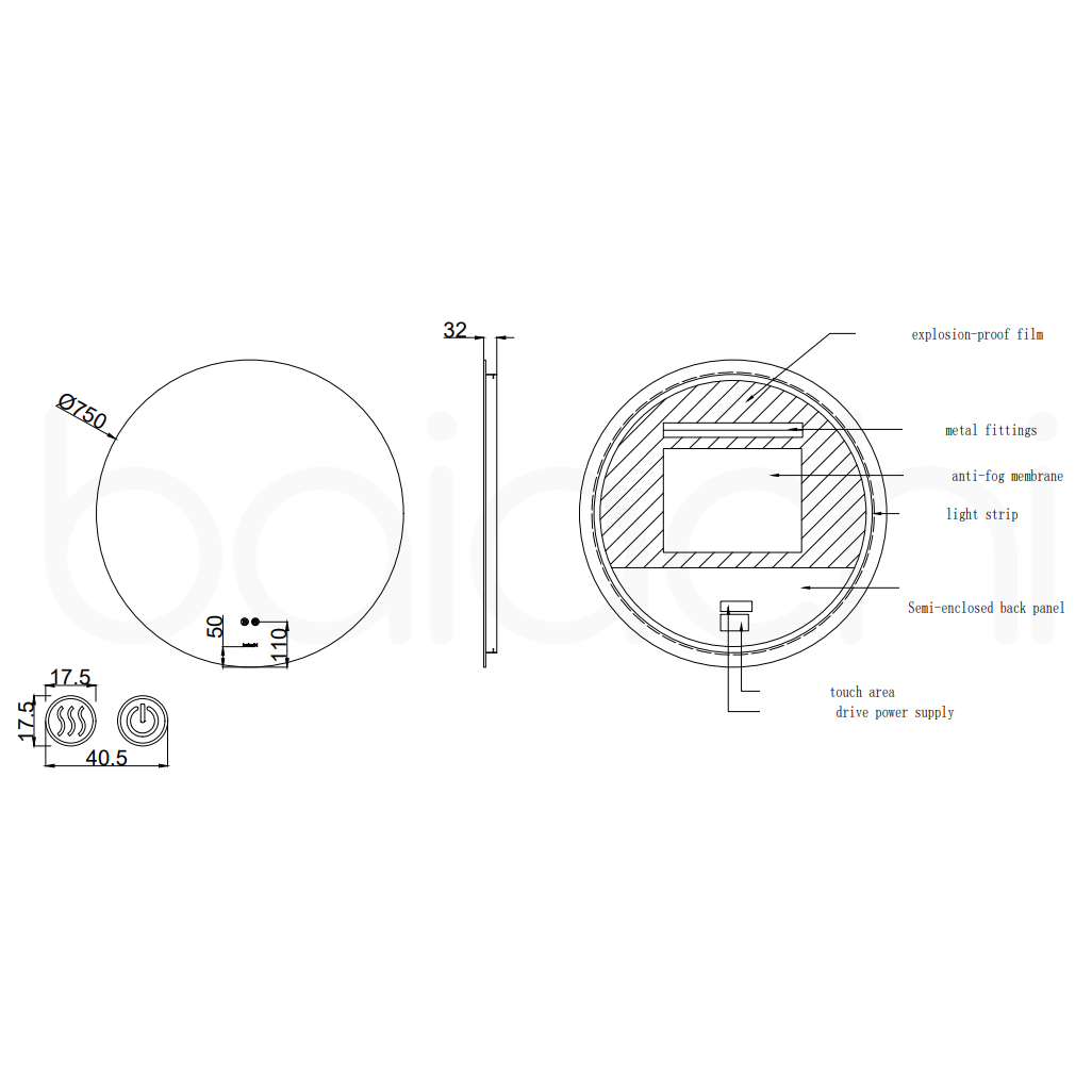 Baiachi LED Round 750mm Backlit Anti-Fog Mirror