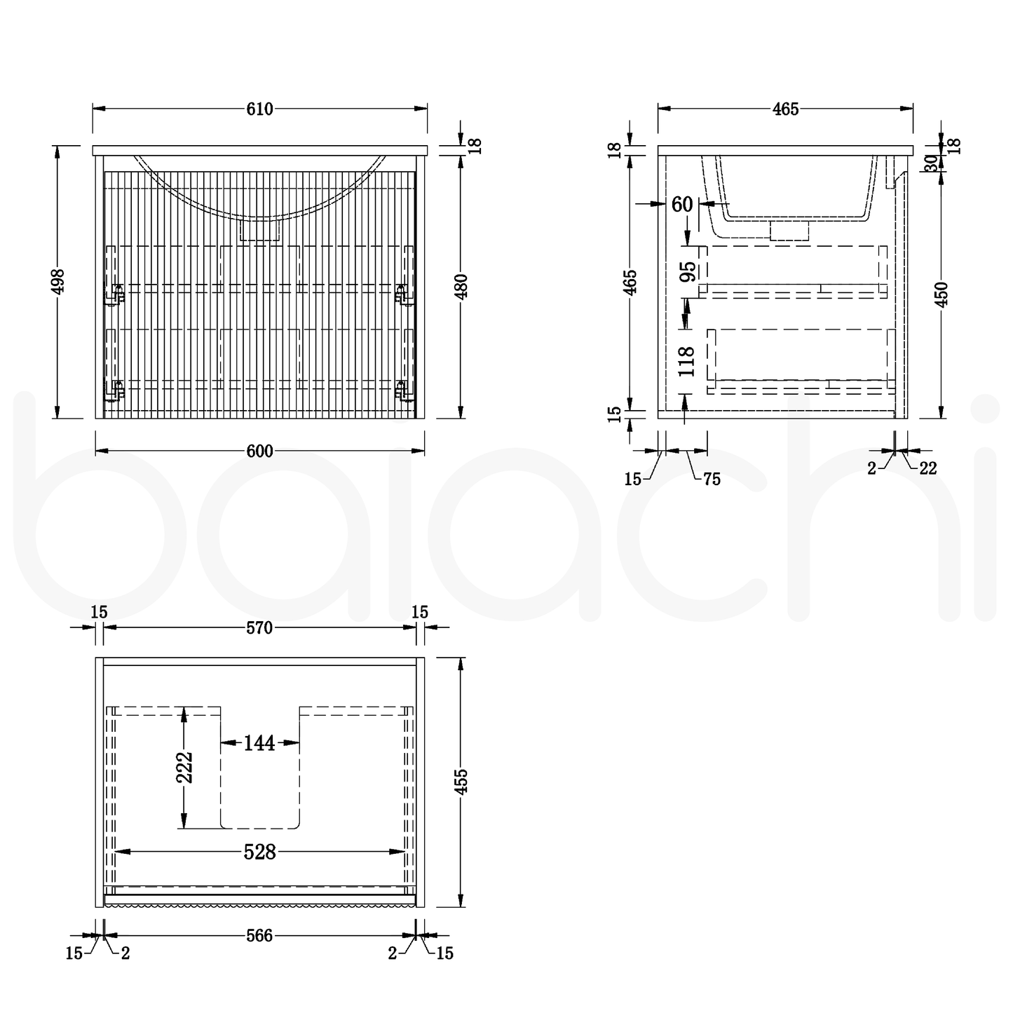 Baiachi Clermont 600 Fluted Timber Bathroom Vanity Wall Hung Cabinet