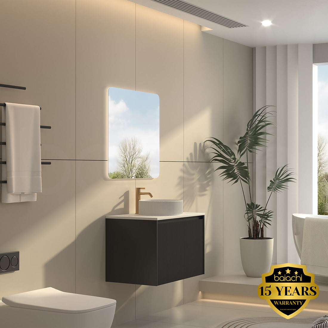 Baiachi Clermont 750 Black Fluted Wall Hung Bathroom Vanity Calacatta Stone