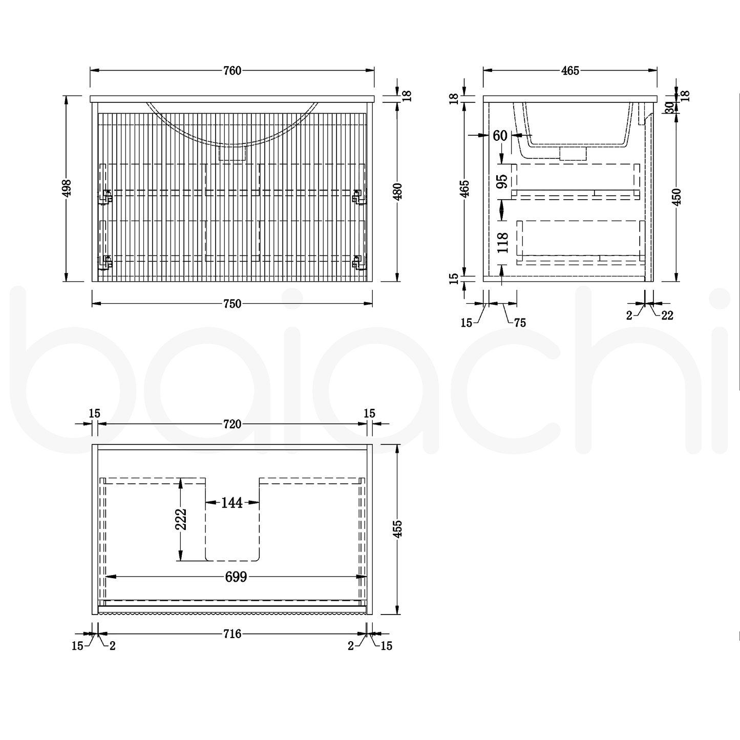 Baiachi Clermont 750 Fluted Timber Bathroom Vanity Wall Hung Cabinet