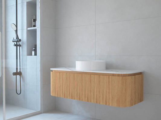 Baiachi Gympie 1200 Fluted Timber Bathroom Vanity Wall Hung Calacatta Stone