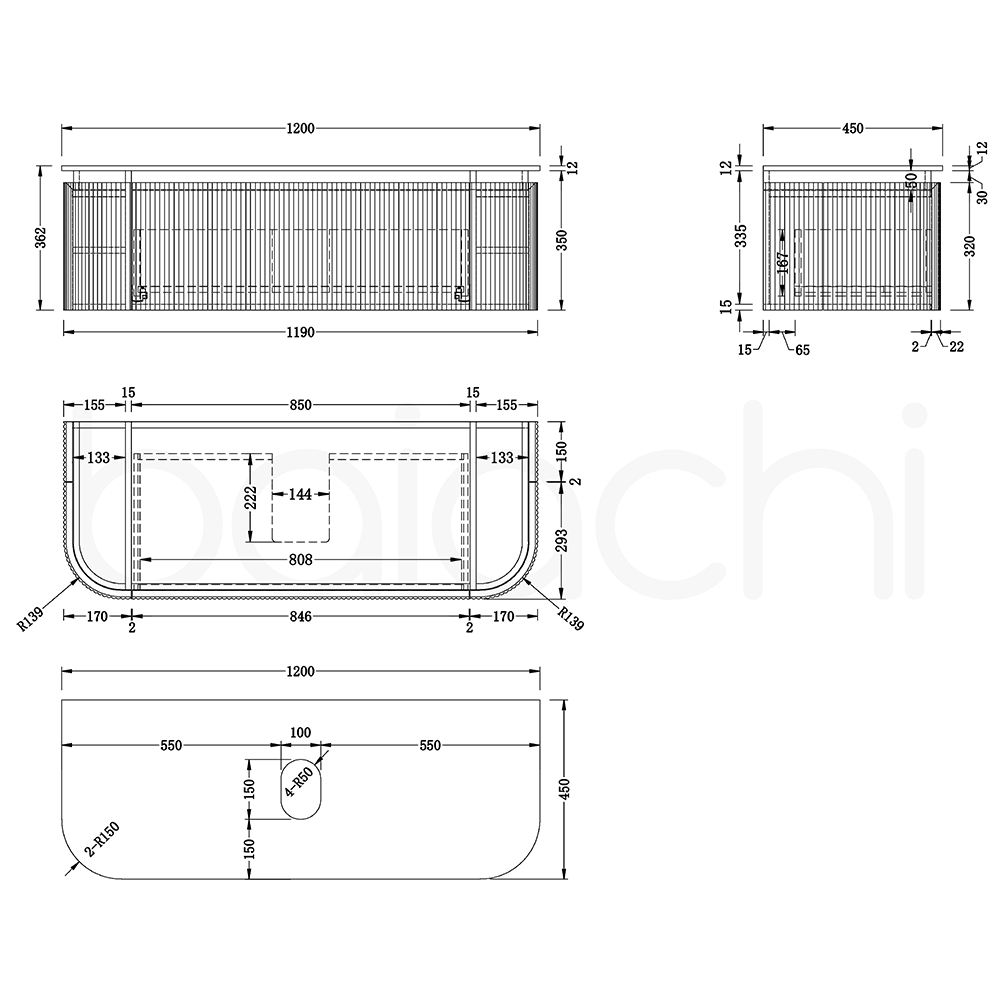 Baiachi Gympie 1200 Black Fluted Timber Bathroom Vanity Wall Hung Calacatta Stone