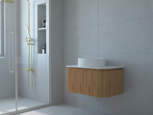 Baiachi Gympie 750 Fluted Timber Bathroom Vanity Wall Hung Calacatta Stone