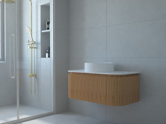 Baiachi Gympie 900 Fluted Timber Bathroom Vanity Wall Hung Calacatta Stone