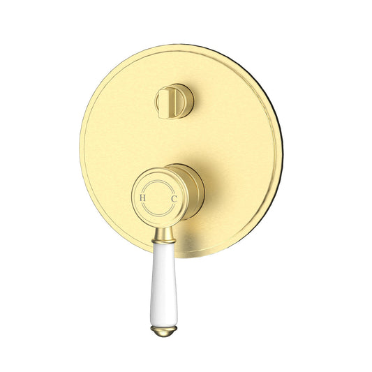 Ikon Clasico Ceramic Handle Wall Mixer With Diverter Brushed Gold