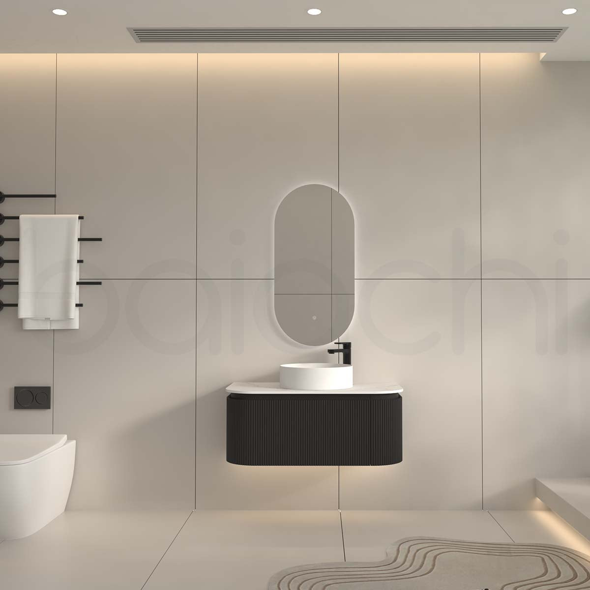 Baiachi Gympie 900 Black Fluted Timber Bathroom Vanity Wall Hung Calacatta Stone