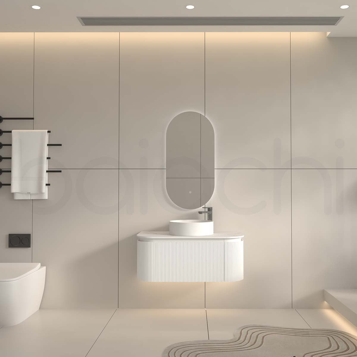 Baiachi Gympie 900 White Fluted Timber Bathroom Vanity Wall Hung Calacatta Stone