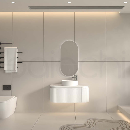 Baiachi Gympie 900 White Fluted Timber Bathroom Vanity Wall Hung Calacatta Stone