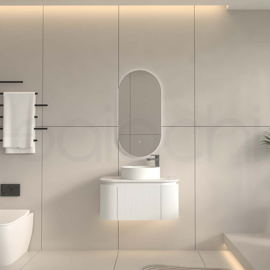 Baiachi Gympie 750 White Fluted Timber Bathroom Vanity Wall Hung Calacatta Stone