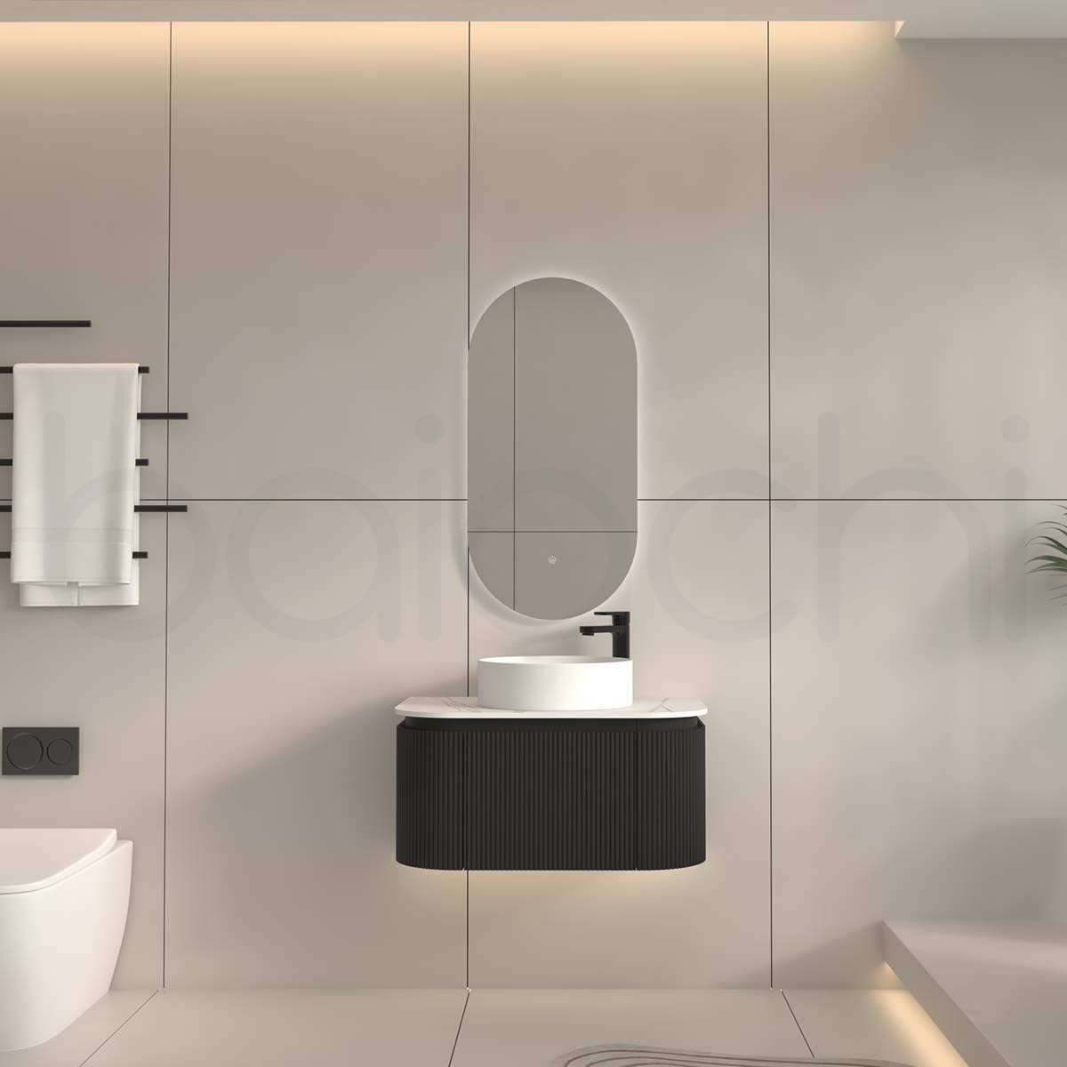 Baiachi Gympie 750 Black Fluted Timber Bathroom Vanity Wall Hung Calacatta Stone