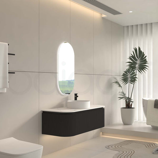 Baiachi Gympie 1200 Black Fluted Timber Bathroom Vanity Wall Hung Calacatta Stone