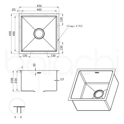 Baiachi 450x450 Handmade Kitchen and Laundry Stainless Steel Sink Single Bowl Top Undermount
