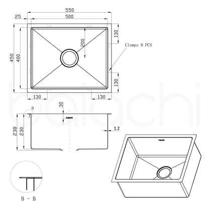 Baiachi 550x450 Handmade Kitchen and Laundry Stainless Steel Sink Single Bowl Top Undermount