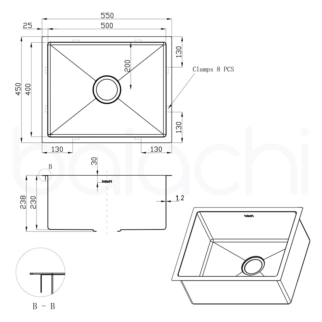 Baiachi 550x450 Handmade Kitchen and Laundry Stainless Steel Sink Single Bowl Top Undermount Brushed Gold