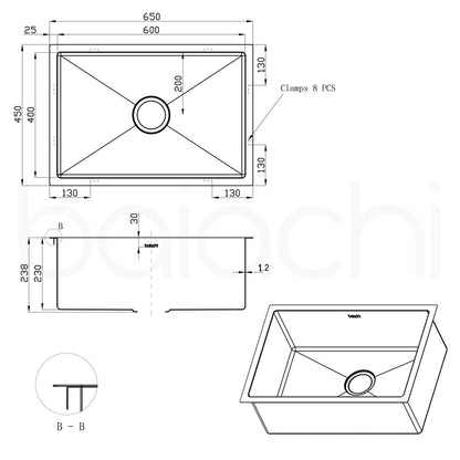 Baiachi 650x450 Handmade Kitchen and Laundry Stainless Steel Sink Single Bowl Top Undermount Gun Metal
