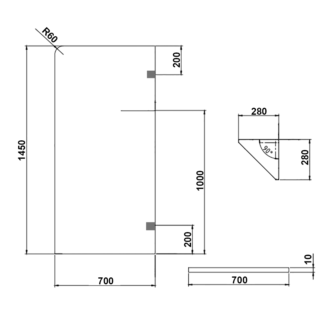 Frameless Bath Panel Shower Screen 700x1450mm Brushed Nickel
