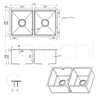 Baiachi 770x450 Handmade Kitchen and Laundry Stainless Steel Sink Double Bowl Top Undermount Brushed Copper