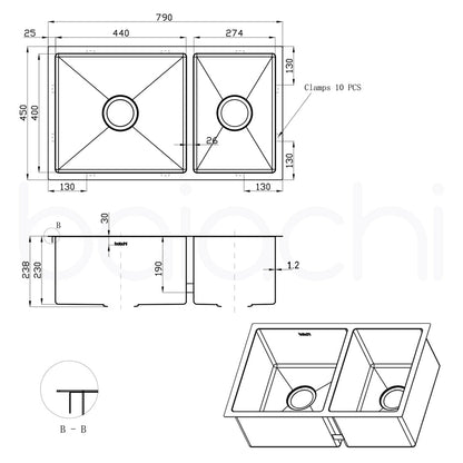 Baiachi 790x450 Handmade Kitchen and Laundry Stainless Steel Sink Double Bowl Top Undermount Gun Metal