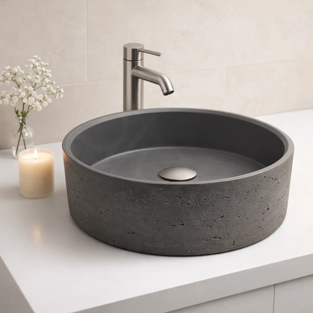 Baiachi Travertine Round Concrete Bathroom Counter Top Basin Ankara Charcoal