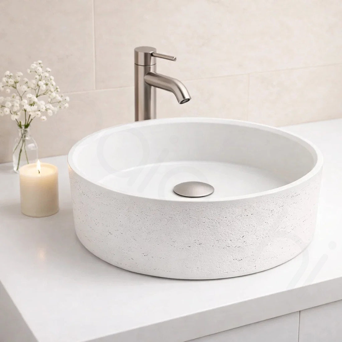 Baiachi Travertine Round Concrete Bathroom Counter Top Basin Tivoli Natural White
