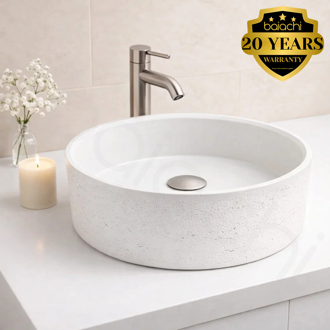 Baiachi Travertine Round Concrete Bathroom Counter Top Basin Tivoli Natural White