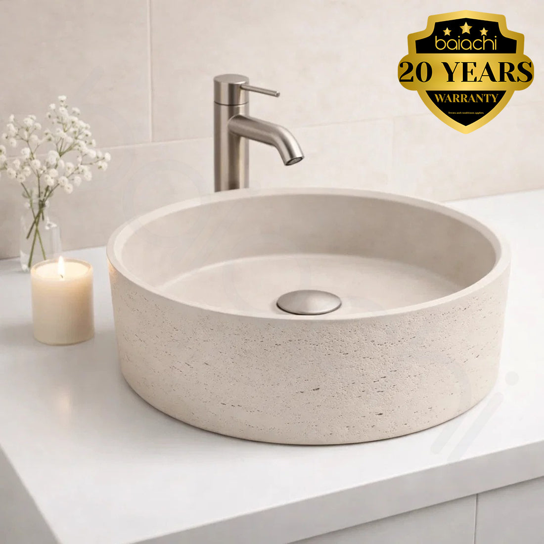 Baiachi Travertine Round Concrete Bathroom Counter Top Basin Tuscany Warm White