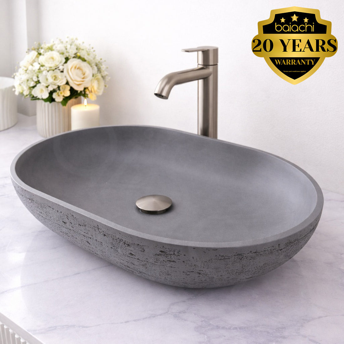 Baiachi Travertine Oval Concrete Bathroom Counter Top Basin Ankara Charcoal