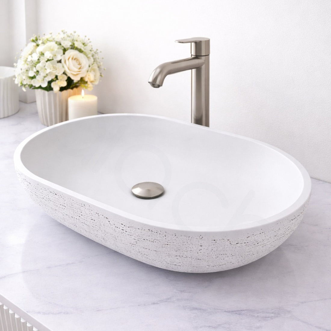 Baiachi Travertine Oval Concrete Bathroom Counter Top Basin Tivoli Natural White