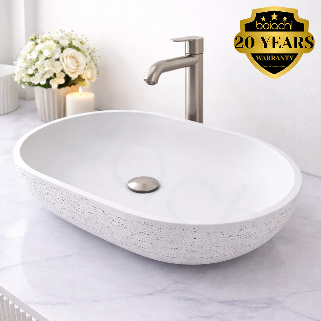 Baiachi Travertine Oval Concrete Bathroom Counter Top Basin Tivoli Natural White