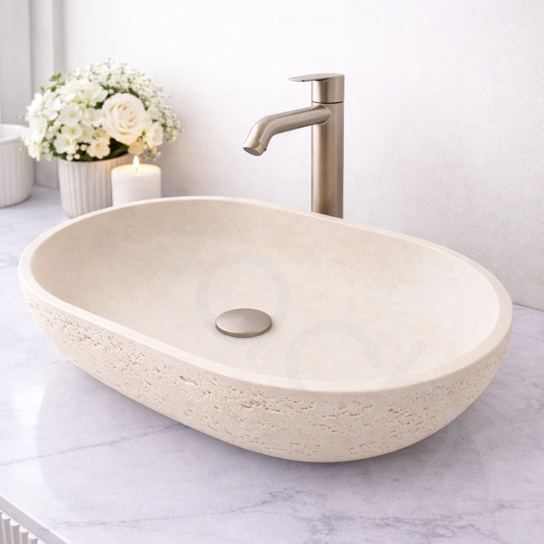 Baiachi Travertine Oval Concrete Bathroom Counter Top Basin Tuscany Warm White