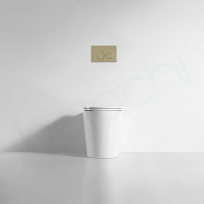 Ballina Rimless In Wall Toilet Suite with Round Brushed Gold Flushing Buttons
