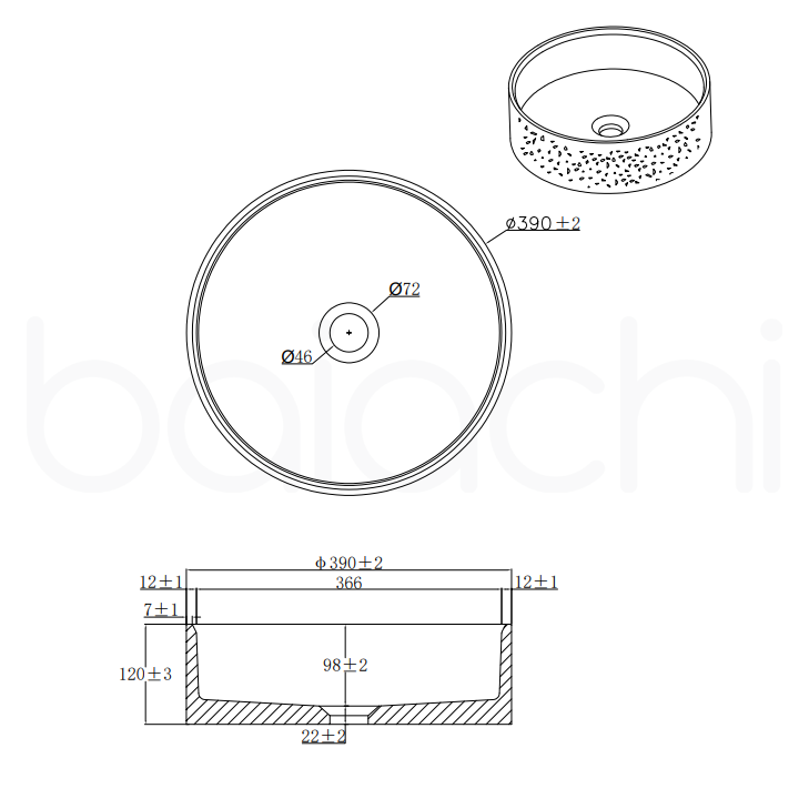 Baiachi Travertine Round Concrete Bathroom Counter Top Basin Ankara Charcoal