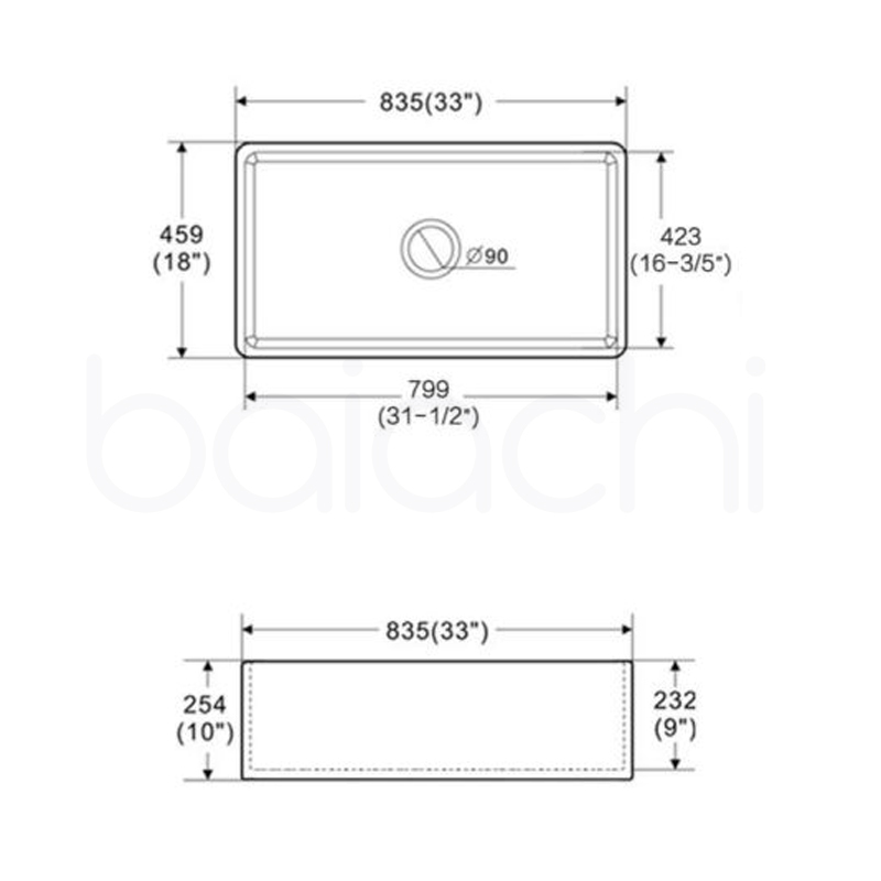 Baiachi 835X460X255mm Butler Farmhouse Fireclay Kitchen Laundry Sink Stainless Steel Waste