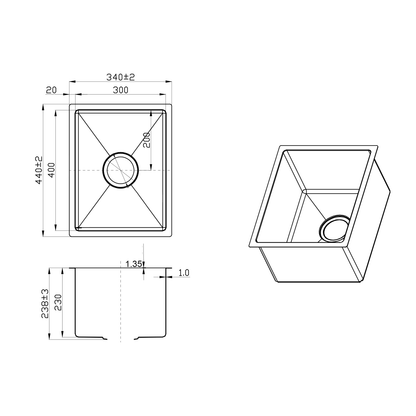 340X440mm Handmade Laundry Kitchen Sink Top/Under Mount Gun Metal