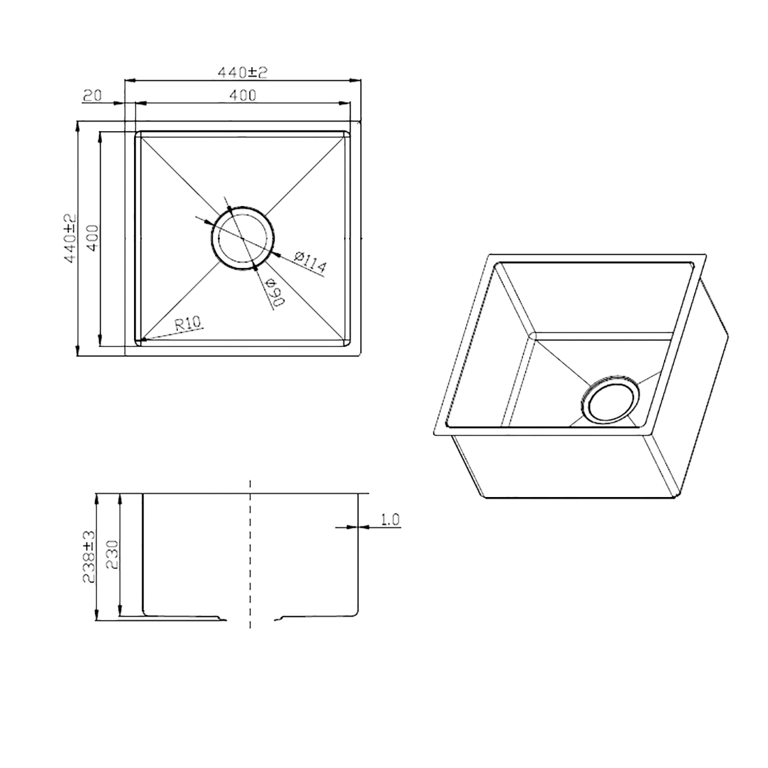440X440mm Handmade Laundry Kitchen Sink Top/Under Mount Brushed Gold
