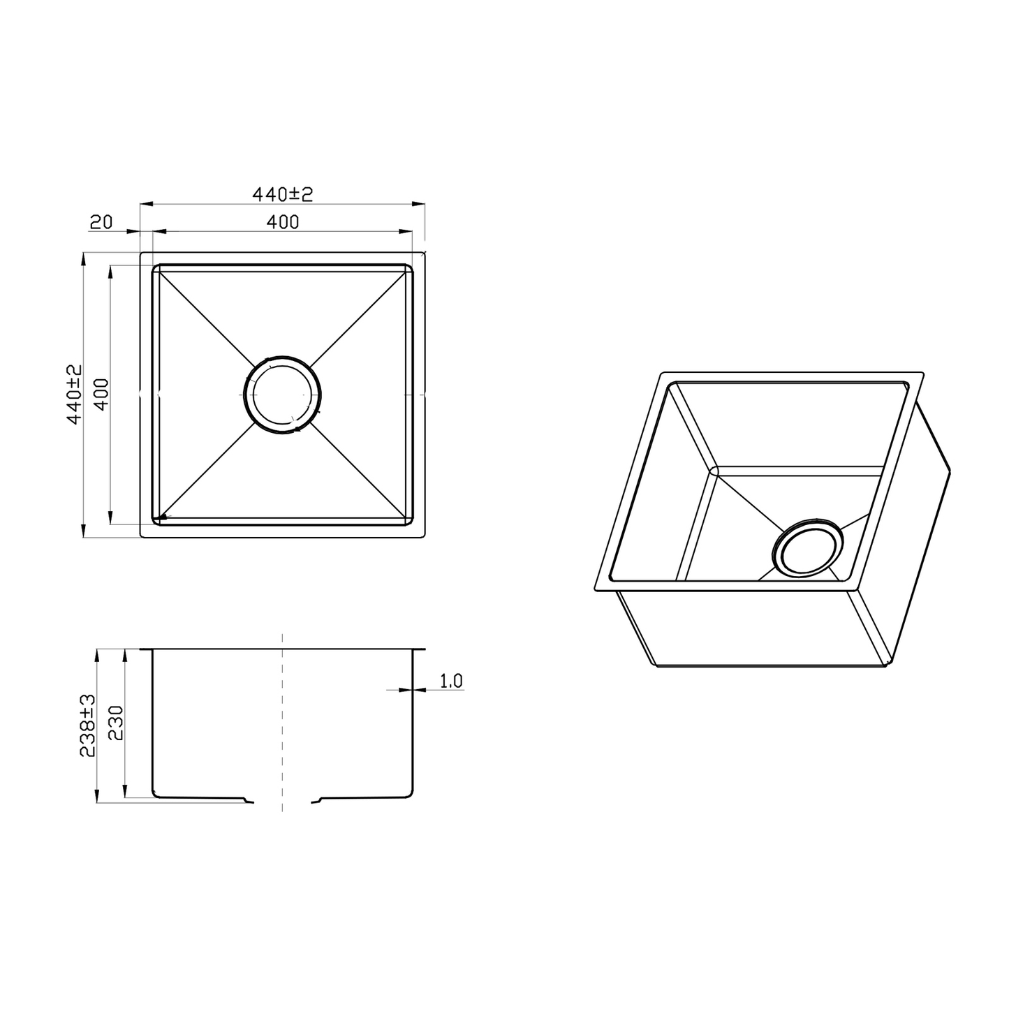 440X440mm Handmade Laundry Kitchen Sink Top/Under Mount Gun Metal